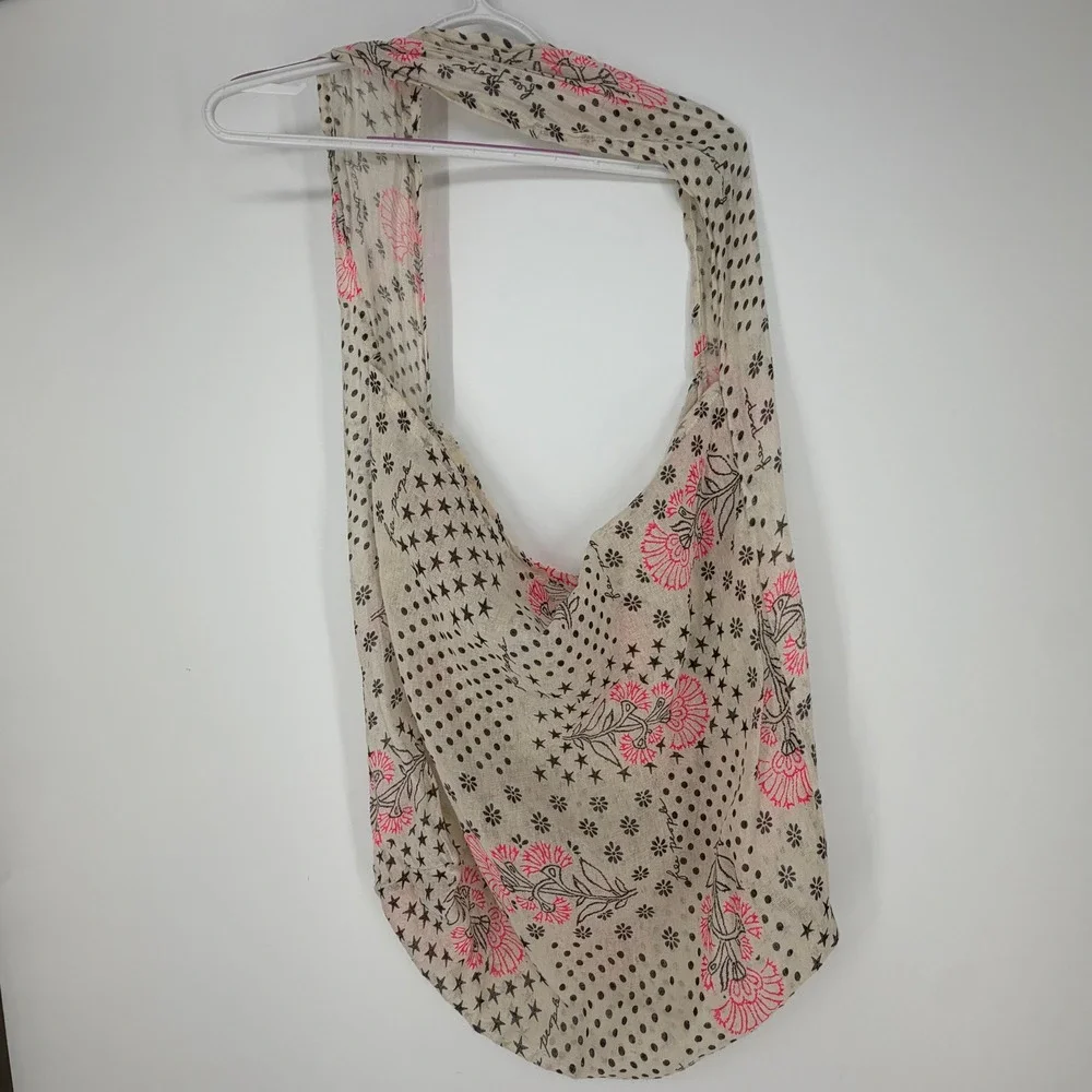 Free People Hobo Bag Euro Summer Cream Pink Floral Star Boho Slouchy Tote Beach